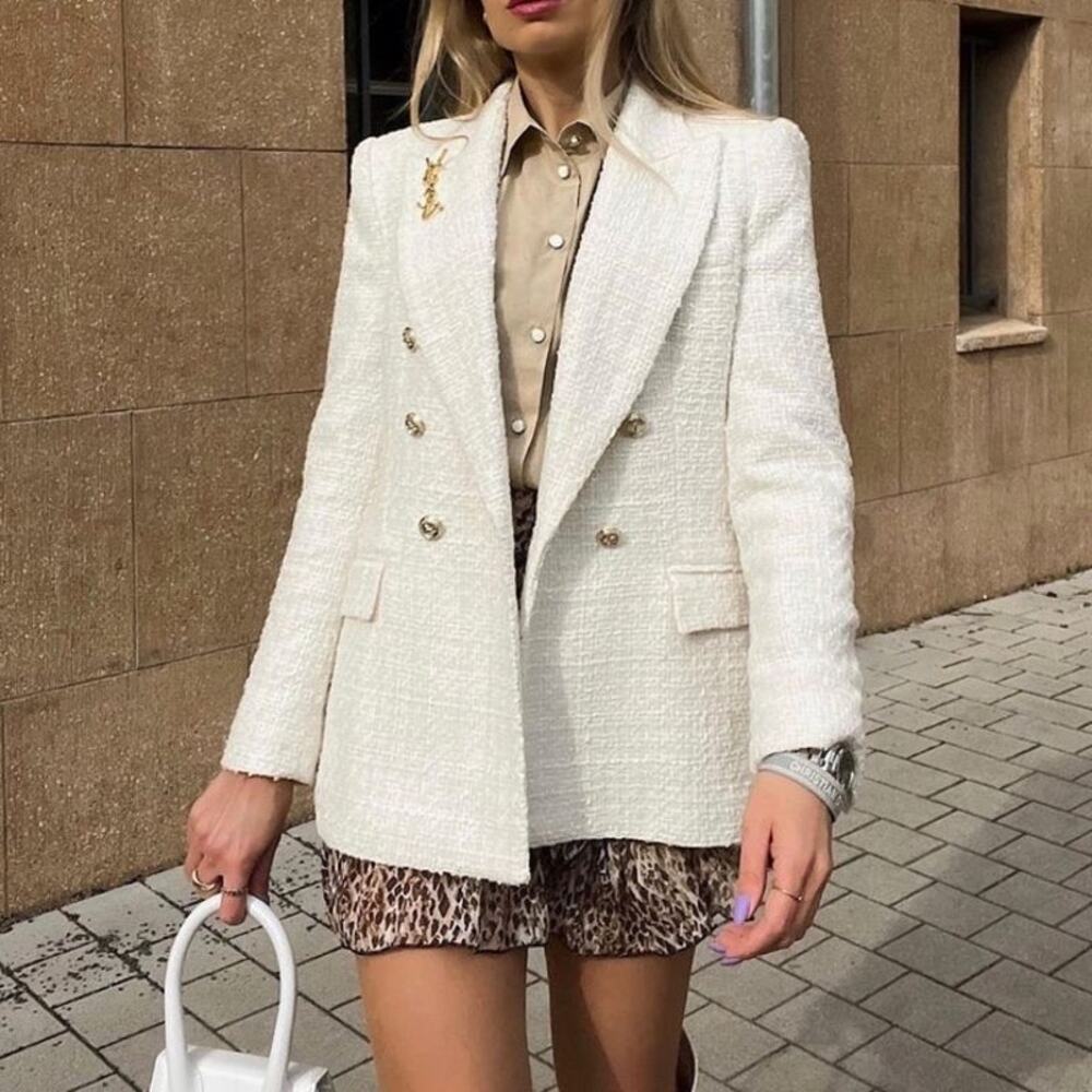 Zara Blogger Favorite Tweed Double Breasted Blazer Women's Cream Size XS X-Small